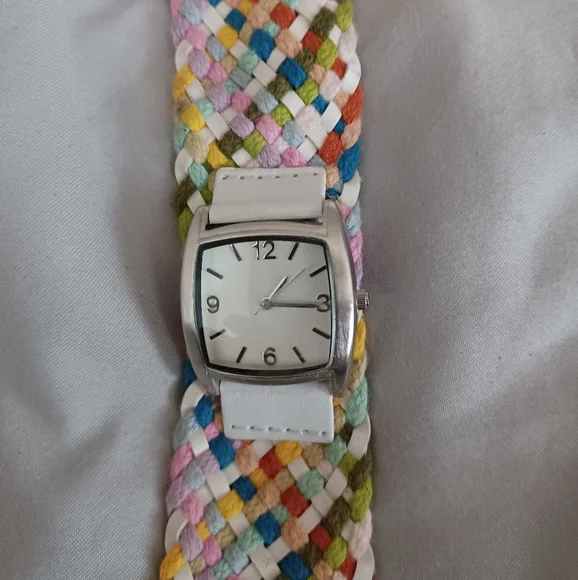 Stainless Steel silver white leather colorful woven fabric band watch timepiece - Picture 2 of 7
